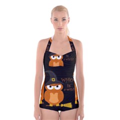 Halloween Orange Witch Owl Boyleg Halter Swimsuit  by Valentinaart