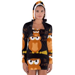 Halloween Orange Witch Owl Long Sleeve Hooded T-shirt