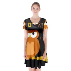 Halloween Orange Witch Owl Short Sleeve V-neck Flare Dress by Valentinaart