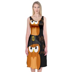 Halloween Orange Witch Owl Midi Sleeveless Dress