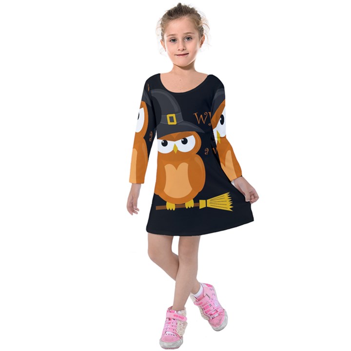 Halloween orange witch owl Kids  Long Sleeve Velvet Dress