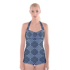 Oriental Pattern Boyleg Halter Swimsuit 