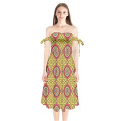 Oriental Pattern Shoulder Tie Bardot Midi Dress