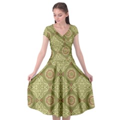 Oriental Pattern Cap Sleeve Wrap Front Dress