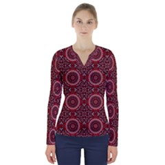 Oriental Pattern V-neck Long Sleeve Top