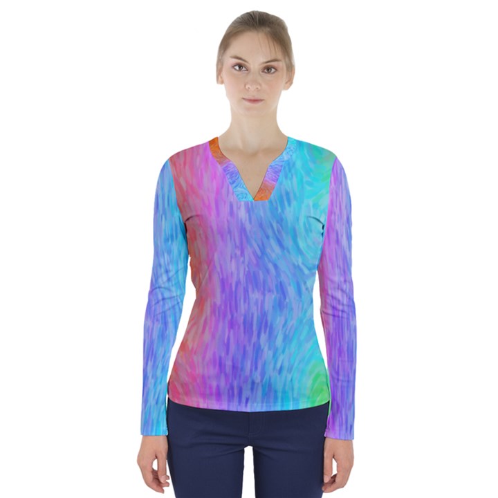 Aurora Rainbow Orange Pink Purple Blue Green Colorfull V-Neck Long Sleeve Top