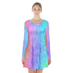 Aurora Rainbow Orange Pink Purple Blue Green Colorfull Long Sleeve Velvet V-neck Dress