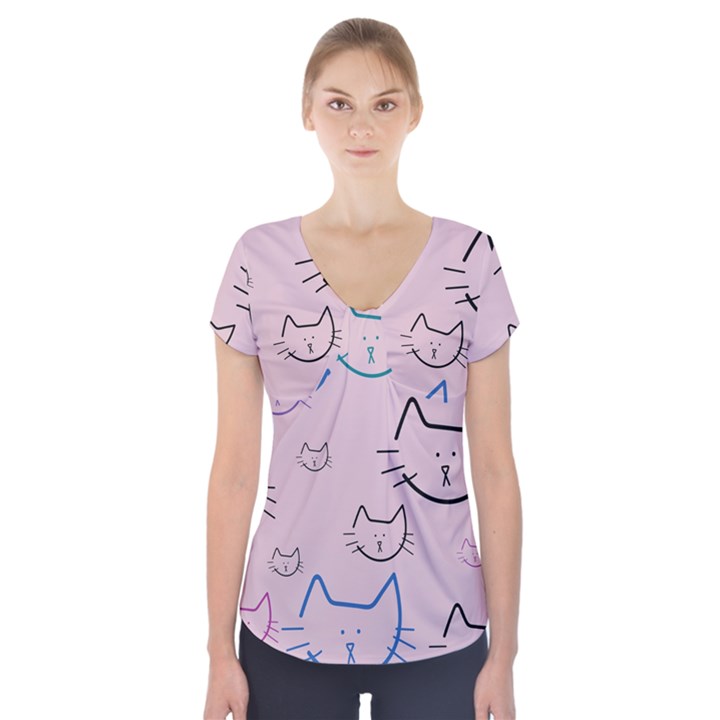 Cat Pattern Face Smile Cute Animals Beauty Short Sleeve Front Detail Top