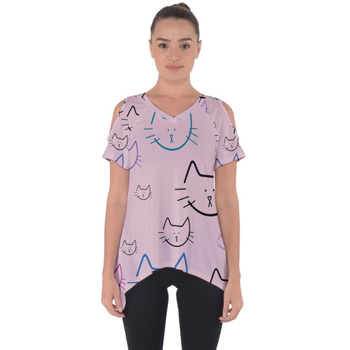 Cat Pattern Face Smile Cute Animals Beauty Cut Out Side Drop Tee