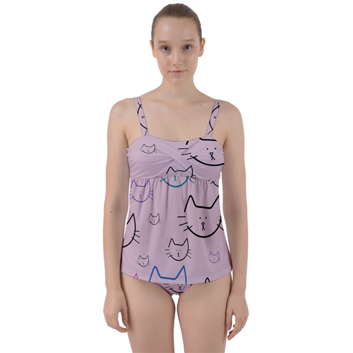 Cat Pattern Face Smile Cute Animals Beauty Twist Front Tankini Set