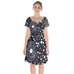 Circle Polka Dots Black White Short Sleeve Bardot Dress