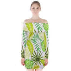 Amazon Forest Natural Green Yellow Leaf Long Sleeve Off Shoulder Dress