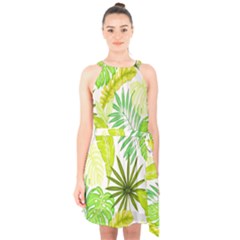 Amazon Forest Natural Green Yellow Leaf Halter Collar Waist Tie Chiffon Dress