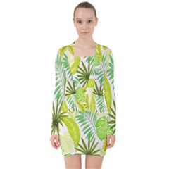 Amazon Forest Natural Green Yellow Leaf V-neck Bodycon Long Sleeve Dress by Mariart