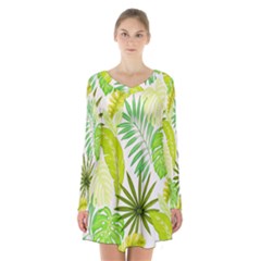 Amazon Forest Natural Green Yellow Leaf Long Sleeve Velvet V-neck Dress by Mariart