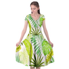 Amazon Forest Natural Green Yellow Leaf Cap Sleeve Wrap Front Dress