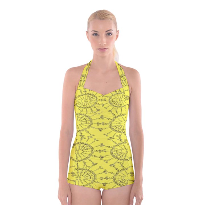 Yellow Flower Floral Circle Sexy Boyleg Halter Swimsuit 