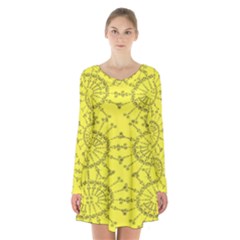 Yellow Flower Floral Circle Sexy Long Sleeve Velvet V-neck Dress by Mariart