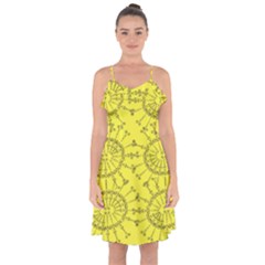 Yellow Flower Floral Circle Sexy Ruffle Detail Chiffon Dress