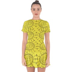 Yellow Flower Floral Circle Sexy Drop Hem Mini Chiffon Dress