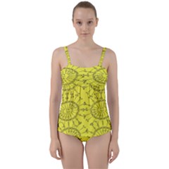 Yellow Flower Floral Circle Sexy Twist Front Tankini Set