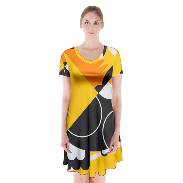 Cute Toucan Bird Cartoon Yellow Black Short Sleeve V-neck Flare Dress