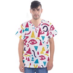 Eye Triangle Wave Chevron Red Yellow Blue Men s V-neck Scrub Top