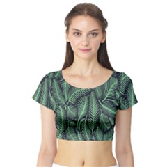 Coconut Leaves Summer Green Short Sleeve Crop Top (tight Fit) by Mariart