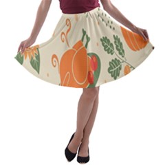 Happy Thanksgiving Chicken Bird Flower Floral Pumpkin Sunflower A-line Skater Skirt by Mariart