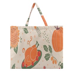 Happy Thanksgiving Chicken Bird Flower Floral Pumpkin Sunflower Zipper Large Tote Bag