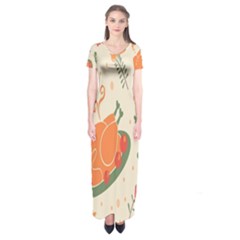 Happy Thanksgiving Chicken Bird Flower Floral Pumpkin Sunflower Short Sleeve Maxi Dress by Mariart