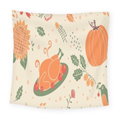 Happy Thanksgiving Chicken Bird Flower Floral Pumpkin Sunflower Square Tapestry (large) by Mariart