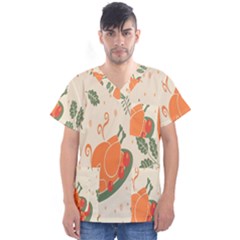 Happy Thanksgiving Chicken Bird Flower Floral Pumpkin Sunflower Men s V-neck Scrub Top