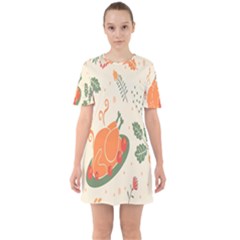 Happy Thanksgiving Chicken Bird Flower Floral Pumpkin Sunflower Sixties Short Sleeve Mini Dress by Mariart