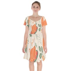 Happy Thanksgiving Chicken Bird Flower Floral Pumpkin Sunflower Short Sleeve Bardot Dress by Mariart