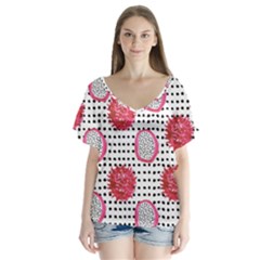 Fruit Patterns Bouffants Broken Hearts Dragon Polka Dots Red Black V-neck Flutter Sleeve Top by Mariart