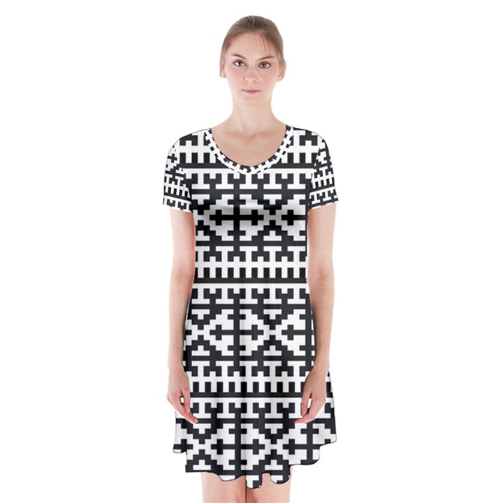 Model Traditional Draperie Line Black White Short Sleeve V-neck Flare Dress