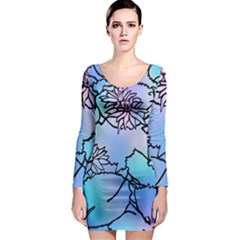 Lotus Flower Wall Purple Blue Long Sleeve Bodycon Dress