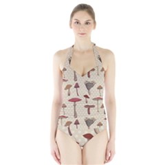 Mushroom Madness Red Grey Brown Polka Dots Halter Swimsuit by Mariart