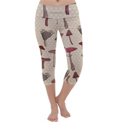 Mushroom Madness Red Grey Brown Polka Dots Capri Yoga Leggings by Mariart