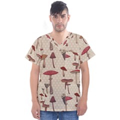 Mushroom Madness Red Grey Brown Polka Dots Men s V-neck Scrub Top