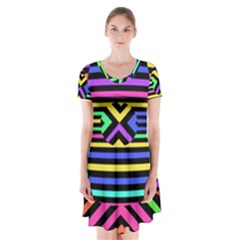 Optical Illusion Line Wave Chevron Rainbow Colorfull Short Sleeve V-neck Flare Dress by Mariart