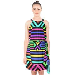 Optical Illusion Line Wave Chevron Rainbow Colorfull Halter Collar Waist Tie Chiffon Dress