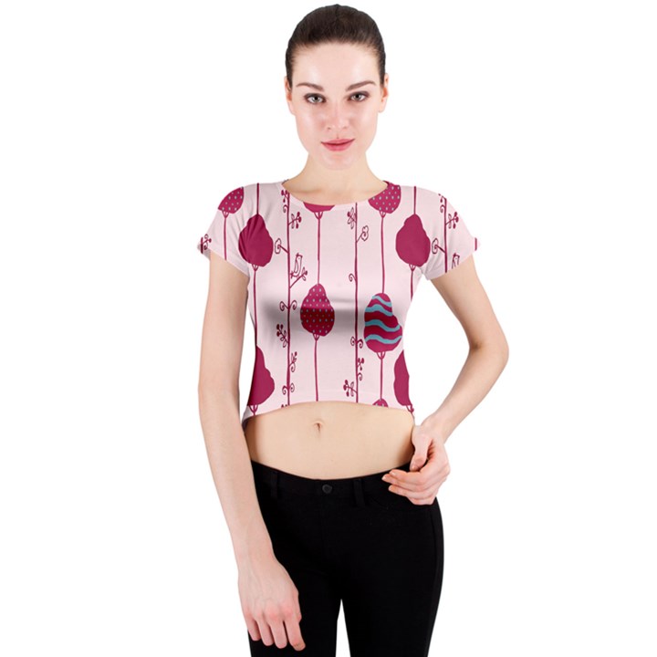 Original Tree Bird Leaf Flower Floral Pink Wave Chevron Blue Polka Dots Crew Neck Crop Top