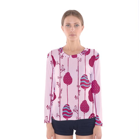 Original Tree Bird Leaf Flower Floral Pink Wave Chevron Blue Polka Dots Women s Long Sleeve Tee by Mariart