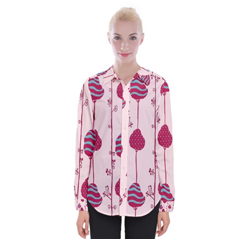 Original Tree Bird Leaf Flower Floral Pink Wave Chevron Blue Polka Dots Womens Long Sleeve Shirt by Mariart