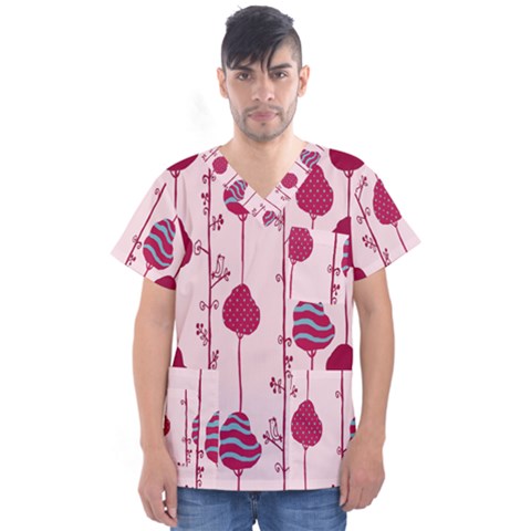 Original Tree Bird Leaf Flower Floral Pink Wave Chevron Blue Polka Dots Men s V-neck Scrub Top by Mariart