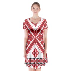 Model Traditional Draperie Line Red White Triangle Short Sleeve V-neck Flare Dress by Mariart