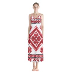 Model Traditional Draperie Line Red White Triangle Button Up Chiffon Maxi Dress