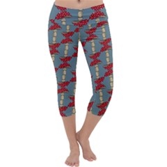 Mushroom Madness Red Grey Polka Dots Capri Yoga Leggings by Mariart